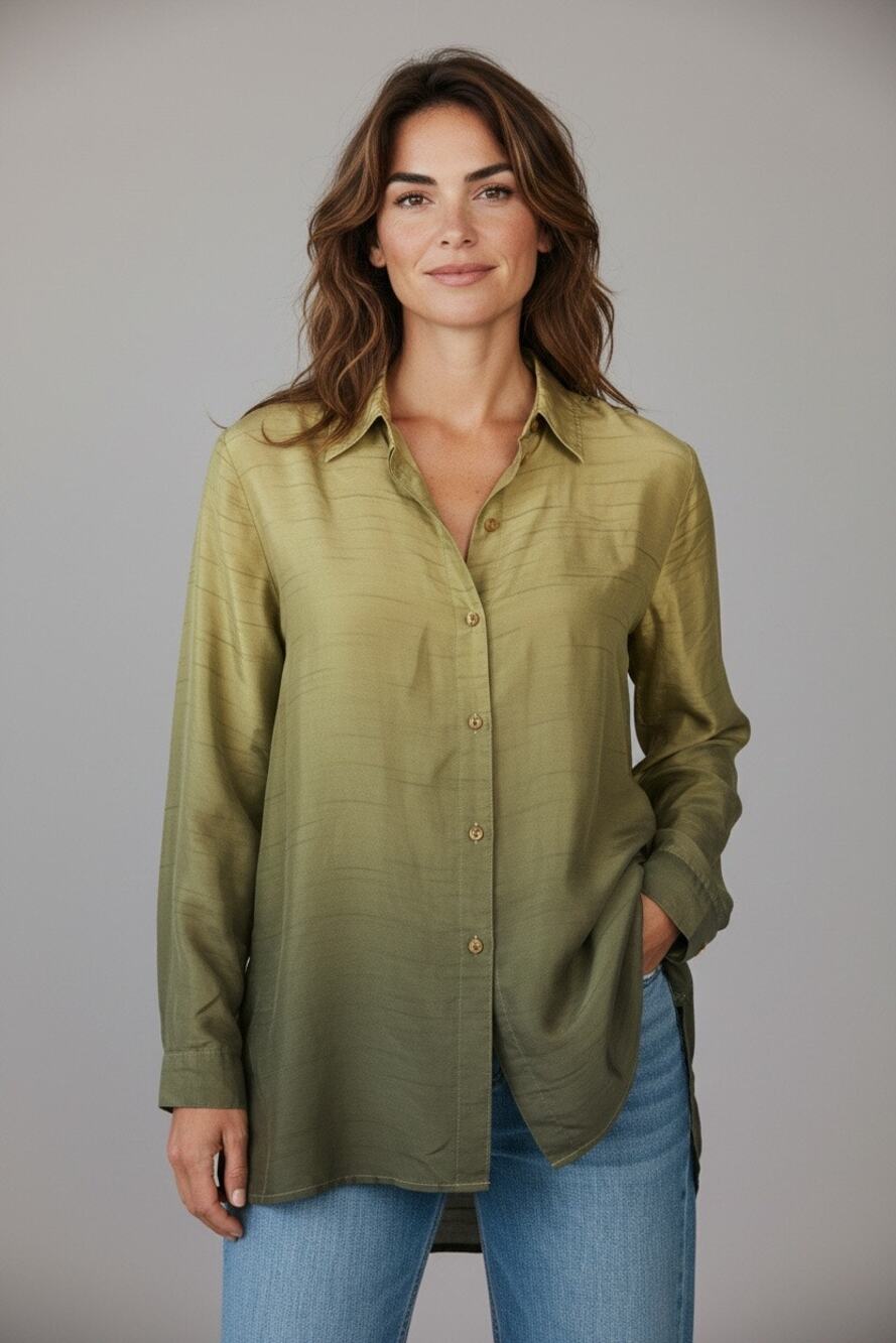 Nora Noh Womens M 100% Silk Shirt Green Ombre Button Down Long Sleeve